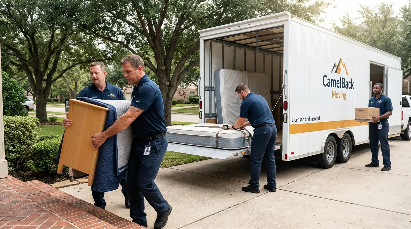 Crew loading residential truck for cross-state move from Lansing, MI