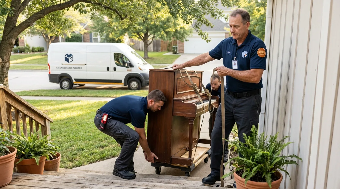 Licensed piano movers securing grand piano in Lansing, MI