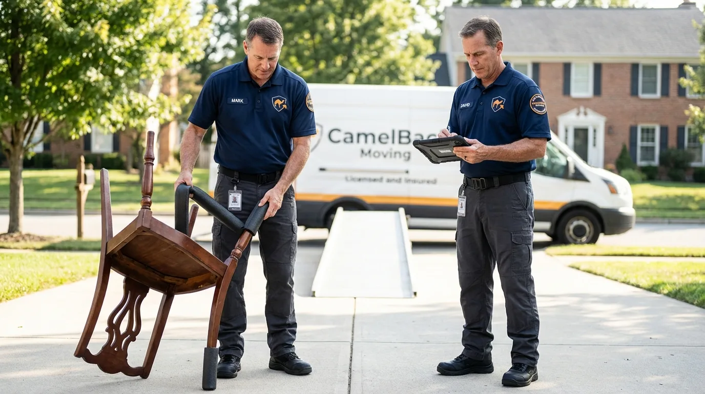 Movers inspecting furniture for damage prevention before loading in Lansing, MI