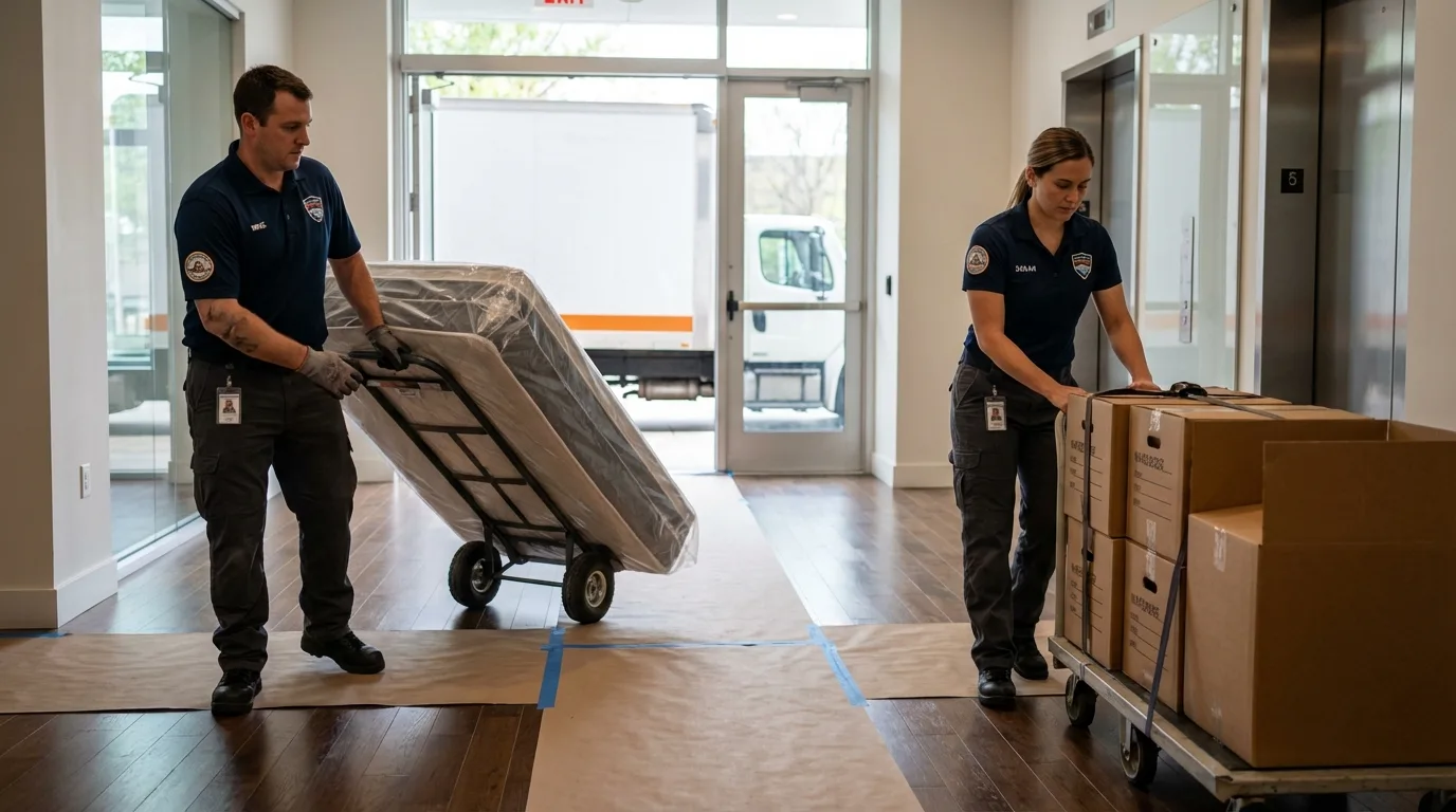 Professional apartment movers loading elevator in Lansing, MI
